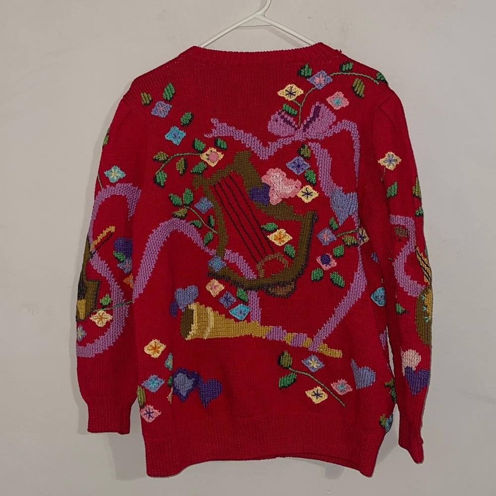 Vintage Berek Bergdorf Goodman red knit whimsical grandmacore cardigan sweater M - Picture 4 of 9